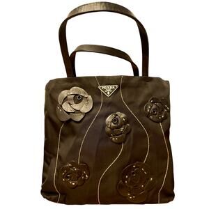 Prada Black Tessuto Nylon Shoulder Tote Bag Flower Applique Details Authentic